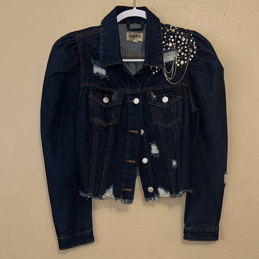 Women's Dark Blue Denim Jacket with Pearl Embellishments